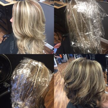Foiled highlights in progress and the finished dimensional blonde highlights on layered hair