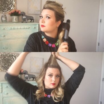 Use your curling iron to create soft waves throughout your hair. Pull the front section up starting on the sides of your forehead to the center of your head in a triangle section.