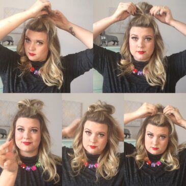 Secure with a clear elastic. Make a small bun with the tail towards the front. Pull the bun section apart from side to side spreading it out like a fan. Use bobby pins to secure your bun! I pull sections of each side the opposite way but you can create any shape you want!! Have fun with it!