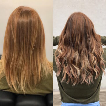 Before and after hair extensions: straight light brown hair to long, voluminous brunette waves