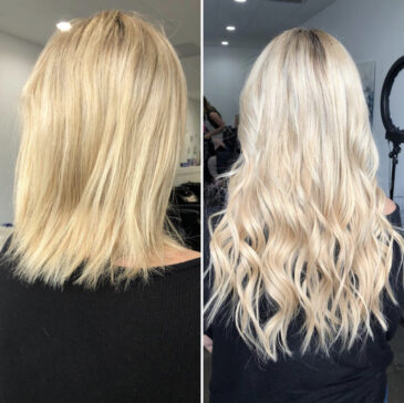Before and after hair extensions: shoulder-length blonde hair to long, full blonde waves