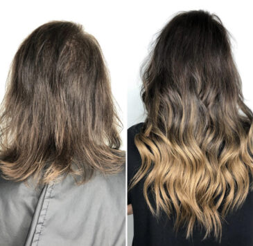 Before and after: dark shoulder-length hair to longer waves with blonde balayage and extensions