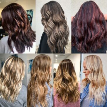 Collage of hair extension results in burgundy, bronde, caramel and blonde