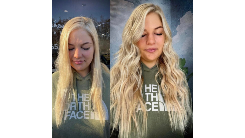 A before-and-after image of a customer who is benefitting from hand-tied hair extensions from Whitney Evans Beauty
