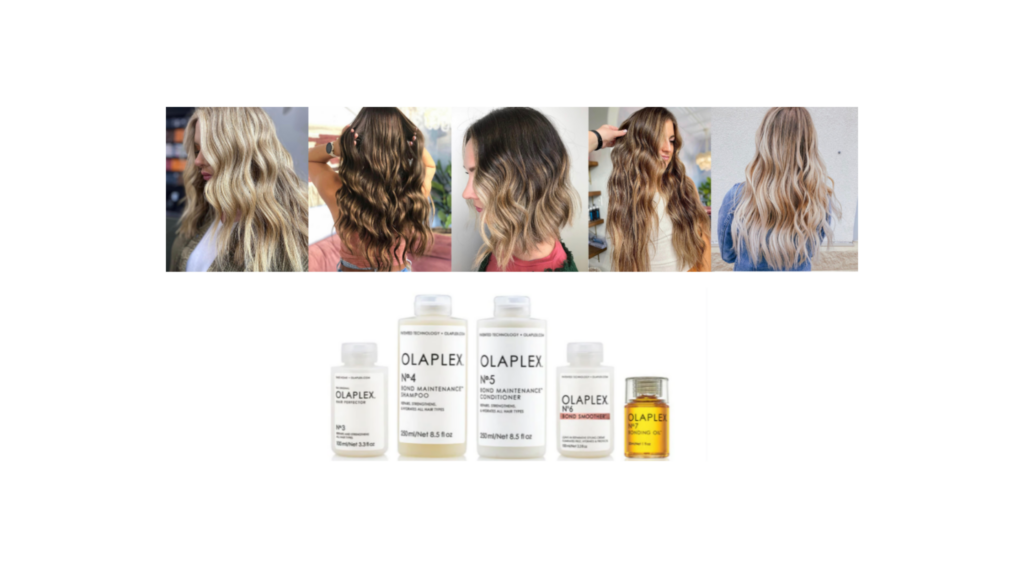 A collage of five different hairstyles repaired by OLAPLEX treatments and five bottles of the various OLAPLEX products