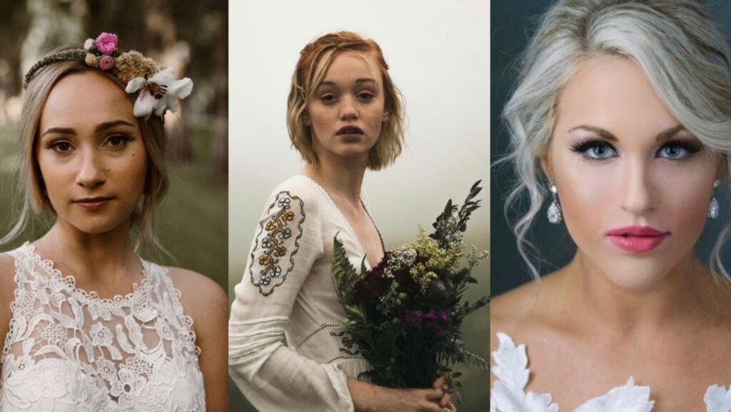 A collage of three images of three brides in their gowns demonstrating each of the top three wedding makeup ideas: Classic Look, Natural Look and Glamorous Look.