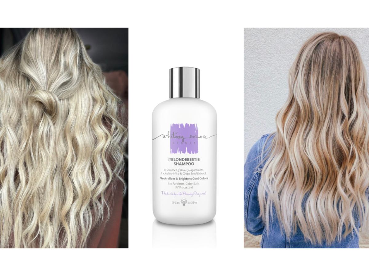 Whitney Evan Beauty purple shampoo product with blonde wavy hair models