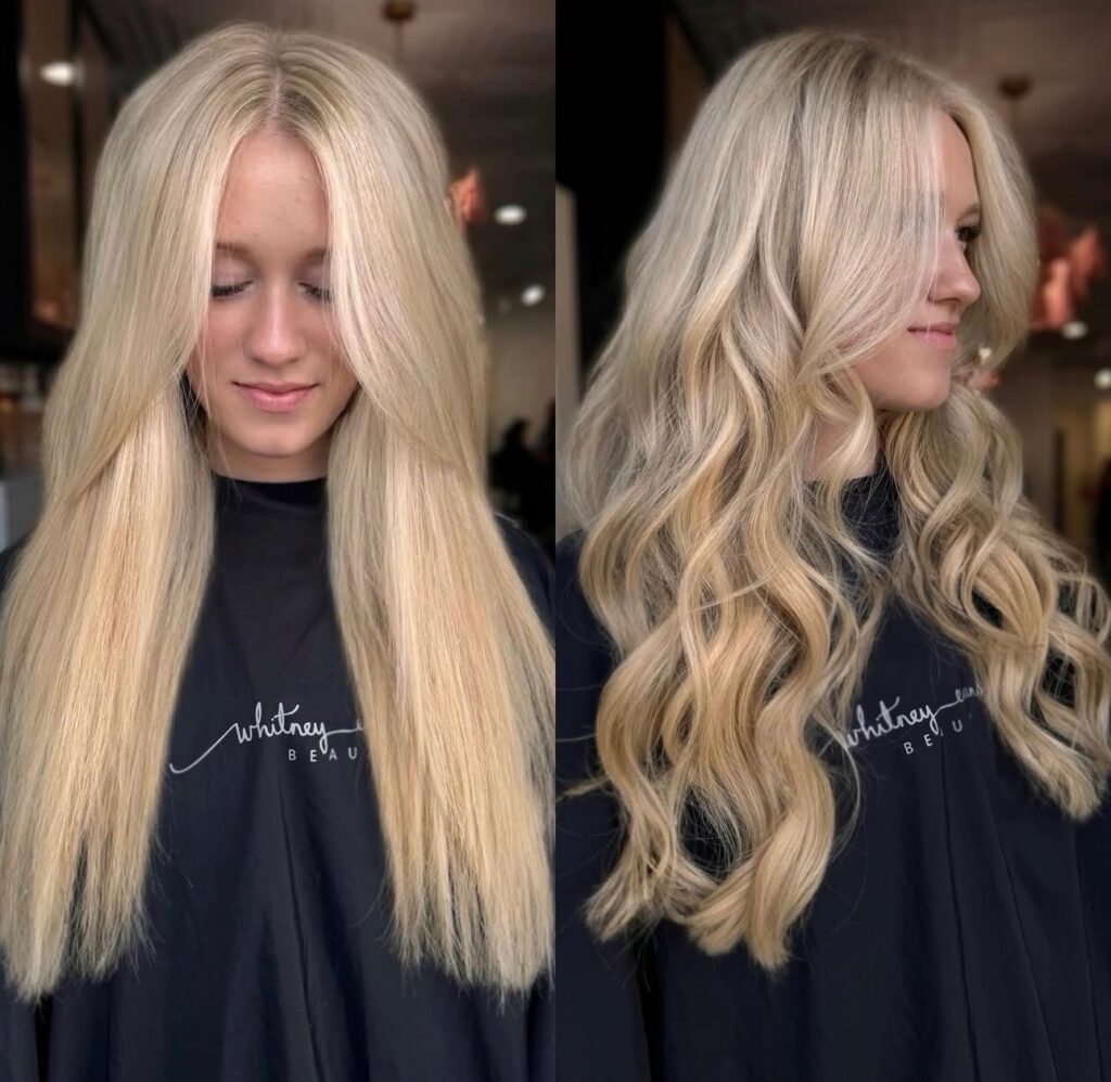 Before and after long blonde hair extensions at Whitney Evans Beauty