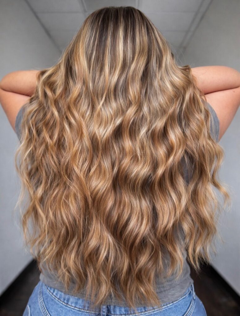 Back view of very long, wavy honey blonde hair with golden and caramel ribbons over a soft darker root