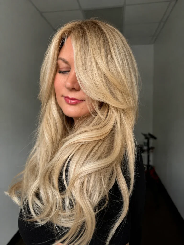Long layered blonde hair with face-framing curtain layers