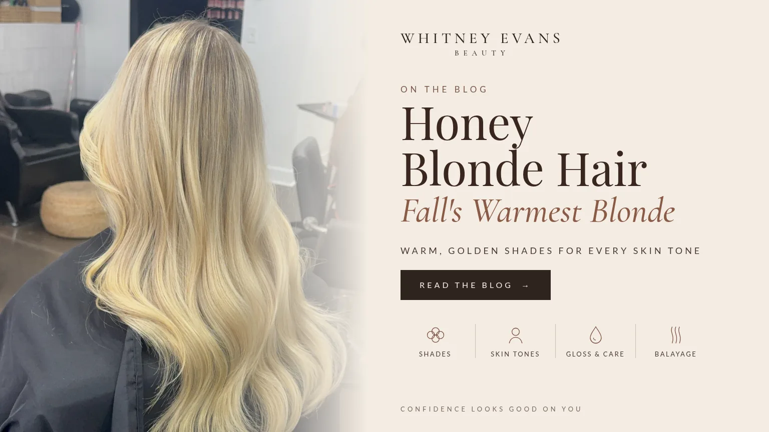 Honey blonde hair: warm blonde shades for fall and winter at Whitney Evans Beauty in Knoxville